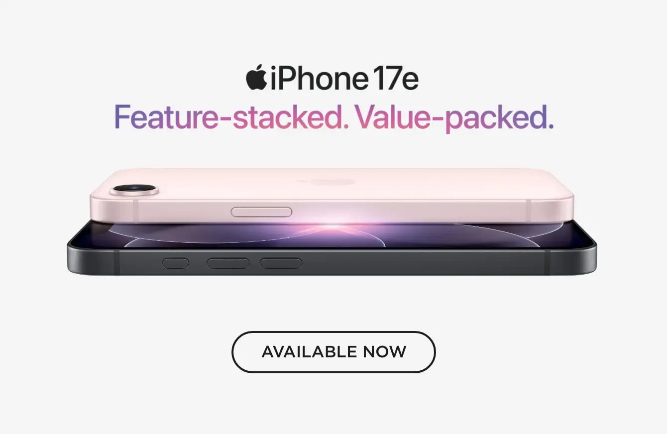 iPhone 17e official logo with Apple icon above "Feature stacked, value packed" in black font with a pink iPhone 17e underneath.